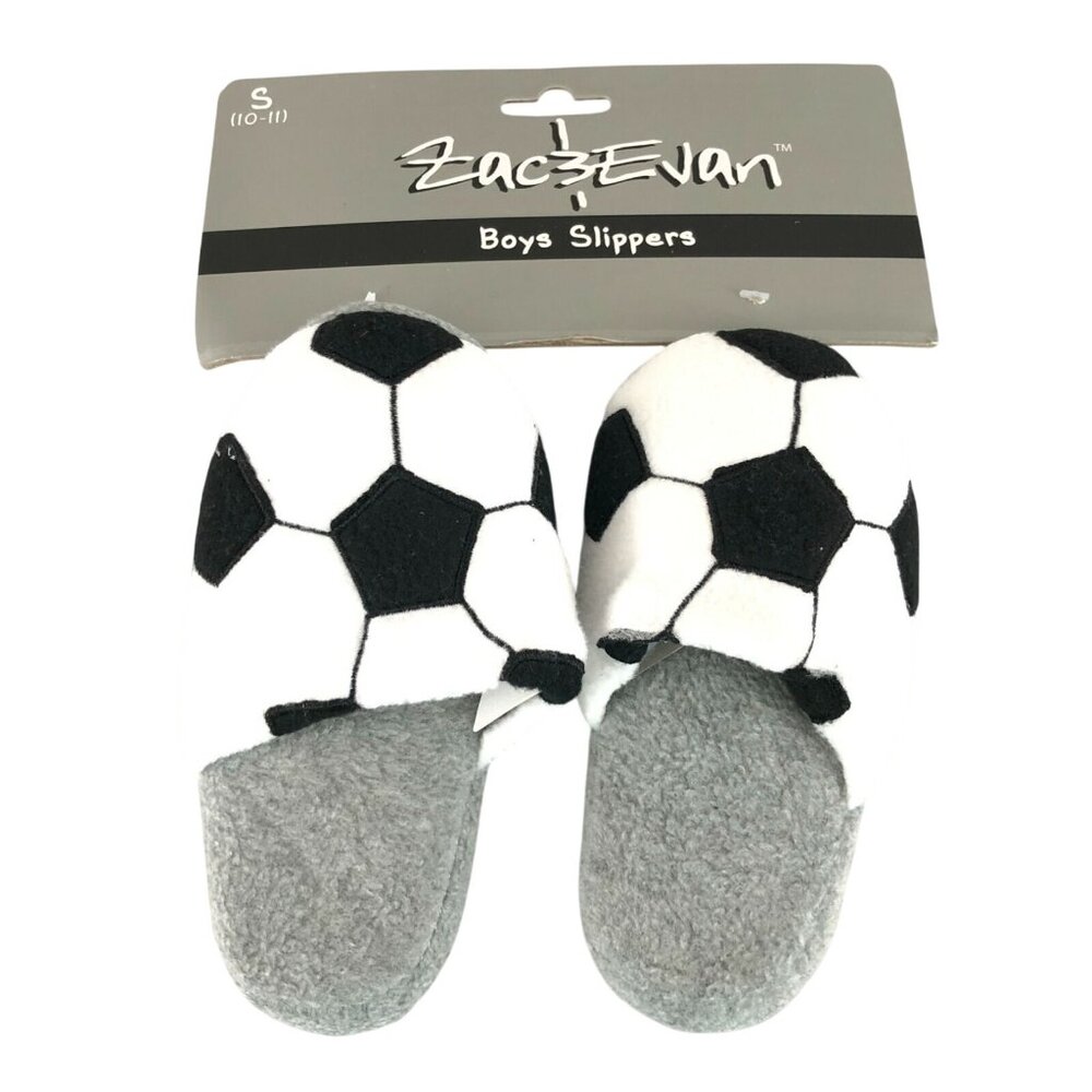 Zac & Evan Toddler Boys House Slippers Slides Soccer Ball Black White Size 10-11